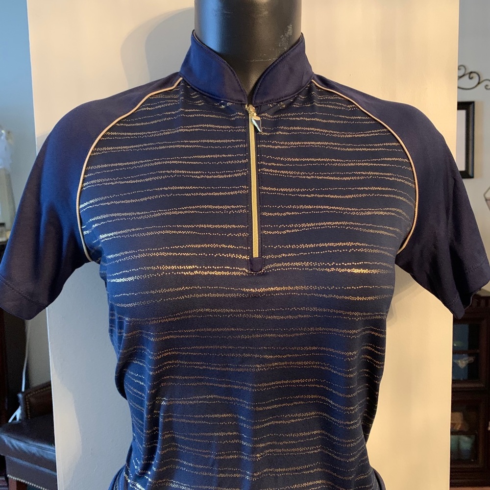 Greg Norman Collection Navy Blue Short Sleeve Zip Polo with Gold Accents